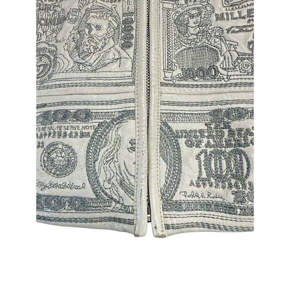 VTG RARE 90s Pelle Moda White Leather Money Print Jacket Sz L Currency $$$ - Picture 9 of 16